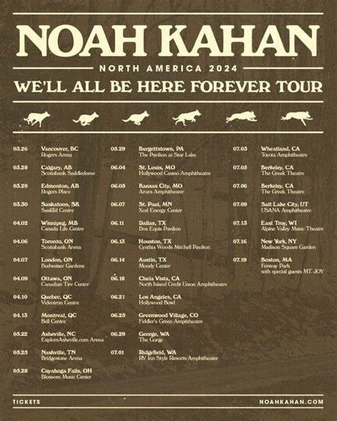 Noah kahan tour - 2 days ago · StubHub's cheapest tickets range from $116 (Québec, Canada, on April 10) to $3,644 (Boston, MA, on July 19). For the most part, Noah Kahan resale tickets on StubHub tend to go for around $200 to ... 